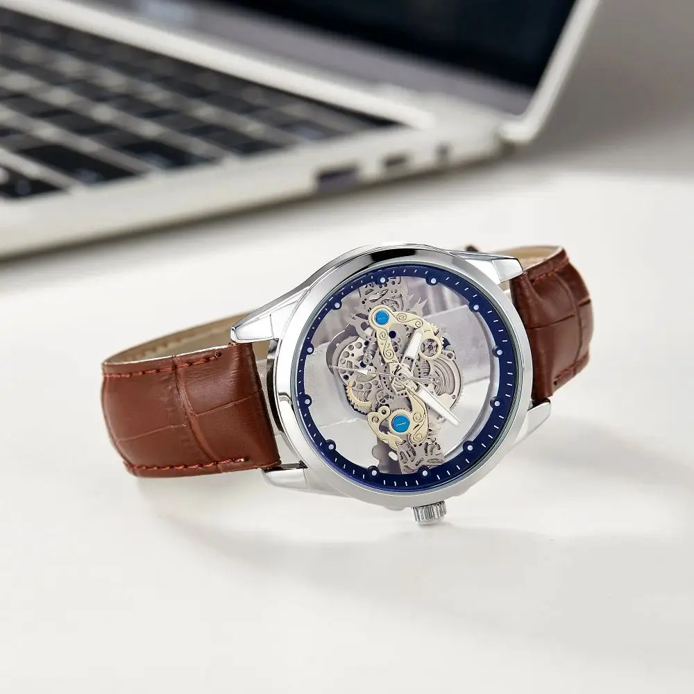 Reloj informal de moda para hombre, reloj de cuarzo con luz nocturna impermeable y transparente hueco, relojes para hombres