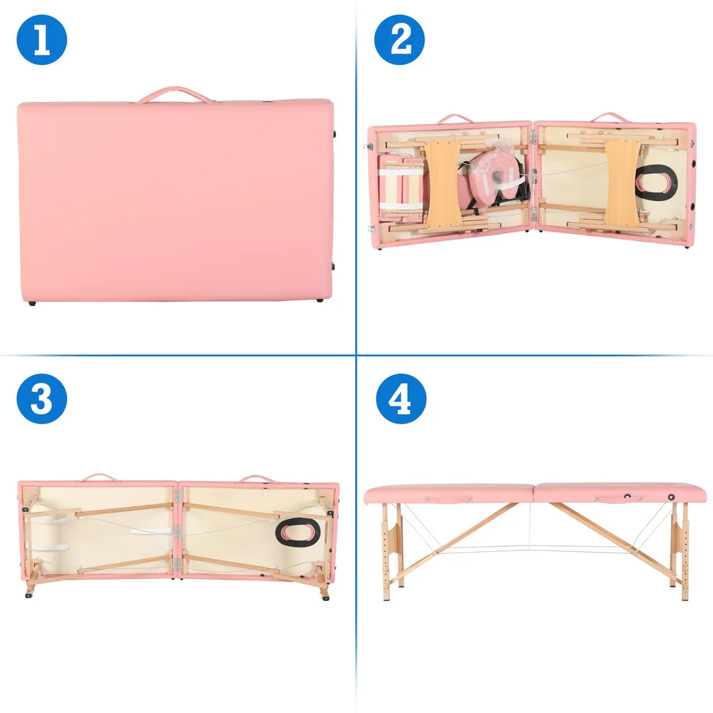 Mesa de masaje de belleza, cama de 2 secciones, pierna de haya plegable, 186x60x60CM, altura ajustable, versátil, portátil, rosa/blanco [US-Stock]