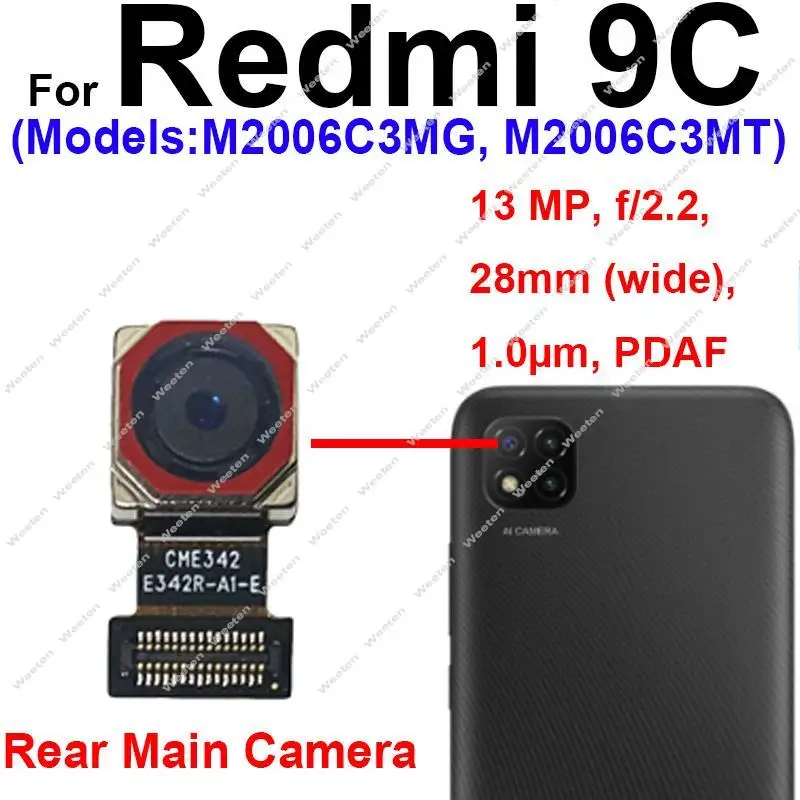 Front Rear Camera Module For Xiaomi Redmi 9 9A 9C 9T Front Selfie Facing Small Camera Big Back Main Camera Replacement