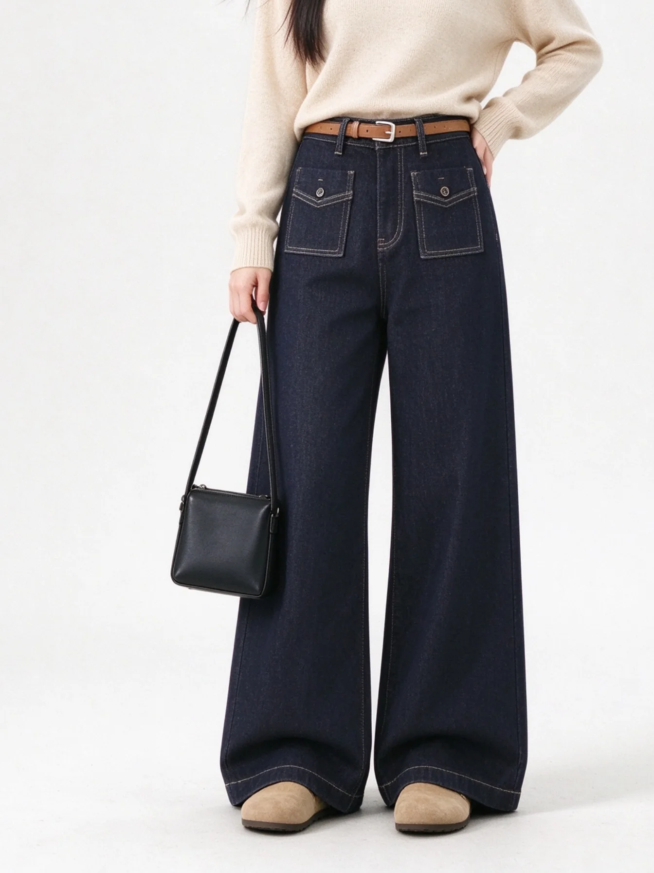 High Waist Fleece Lined Wide Leg Denim Pants Draping Skin Friendly Slimming Long Trousers Korean Style Winter High End Feel