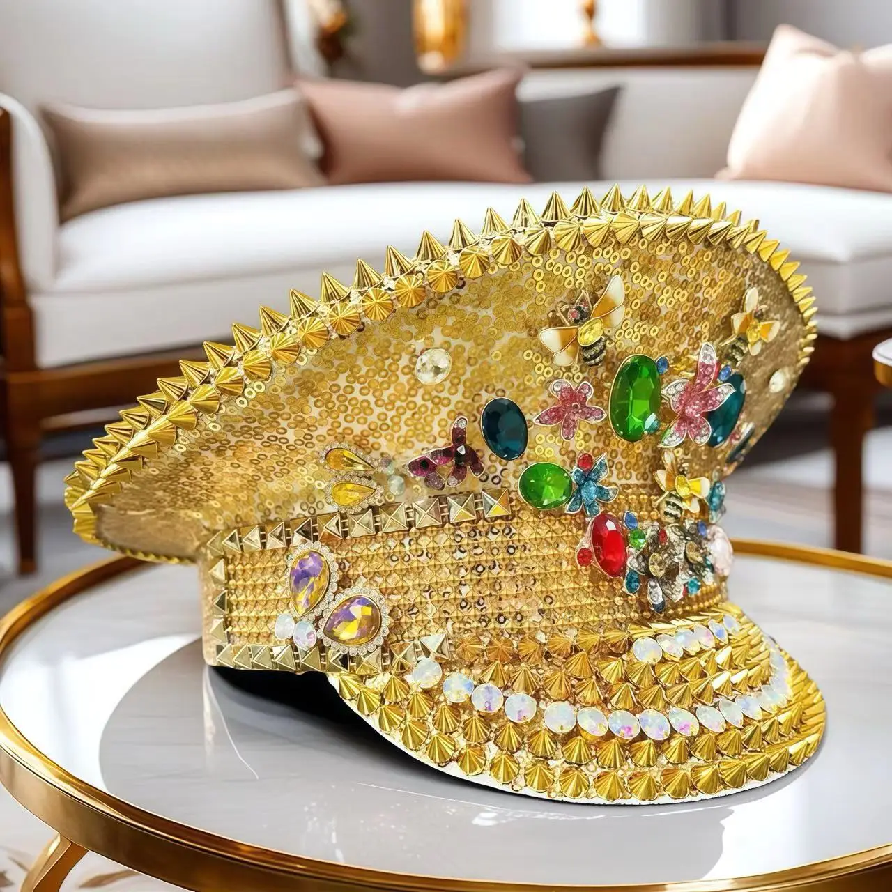 HongLuan Yellow Laser Leather Loop Captain Hat Rhinestone & Military Caps for Woman, Rave Festivals Accessories ＆ Party Cap Man