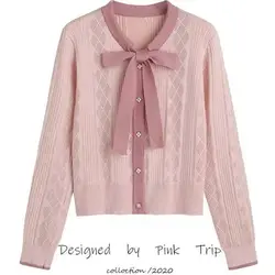 Lace Up Bow Knit Cardigan Spring And Autumn New Women's Color Contrast Hollow Pin Short Slim Top