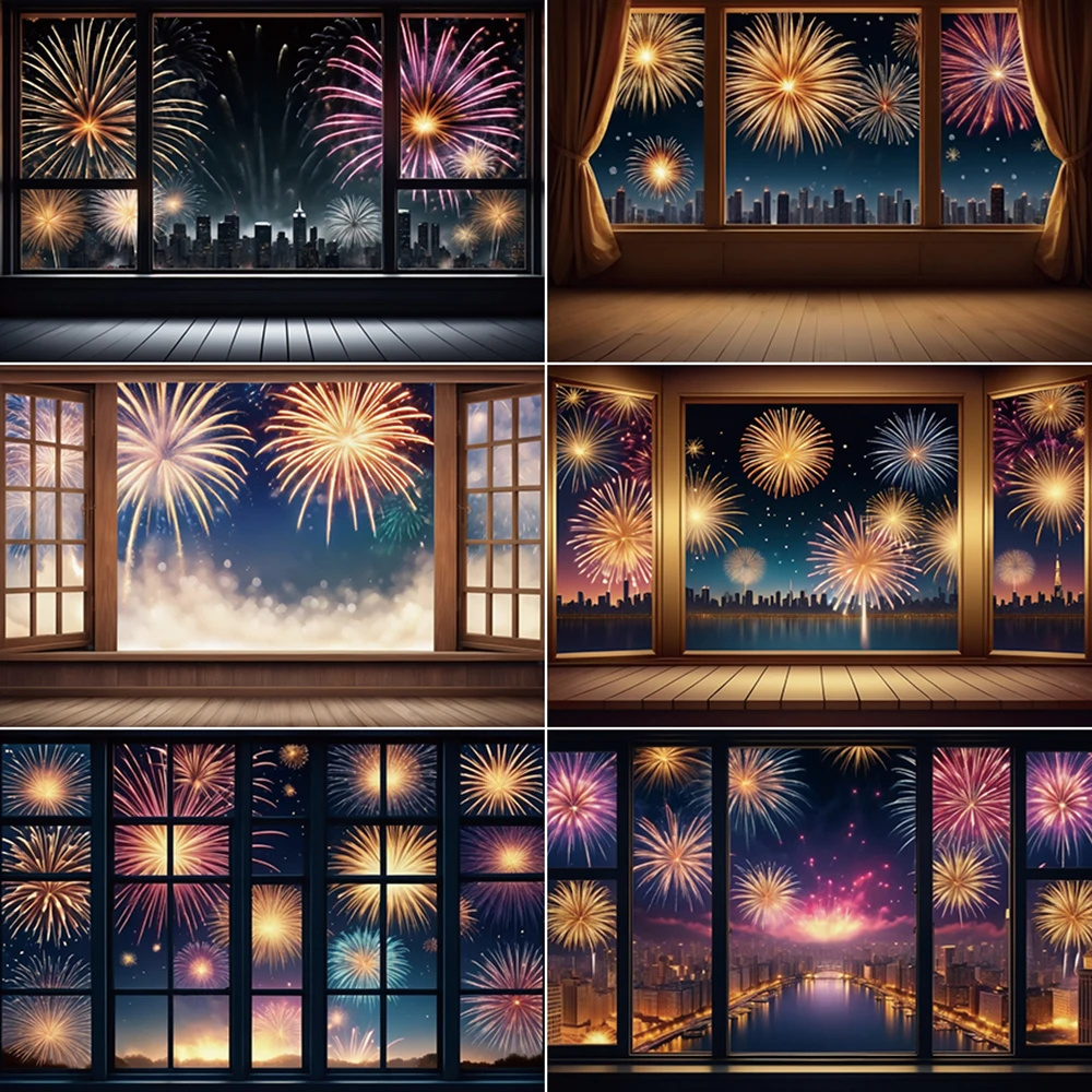 

MOON.QG Happy New Year 2025 Photo Background 2024 Christmas Window Fireworks Photocall Backdrop Custom Photography Studio Props