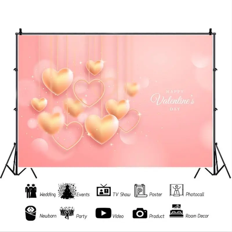 Golden Heart-Shaped Balloon Valentine's Day Happy Pink Background Couples Party Venue Decorative Photography Studio Backdrop