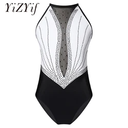 Kids Girls Ballet Dance Leotard Sleeveless Gymnastics Workout Bodysuit Shiny Rhinestone Hollow Back Slim Fit Dance Costumes