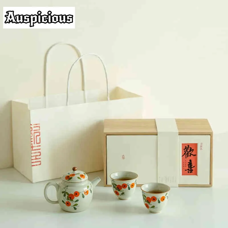 

Pure Hand-painted Persimmon Tea Set Complete Set Japanese Tea Ceremony Set Tea Making Teapot and Tea Cup Set Teaset Decoration