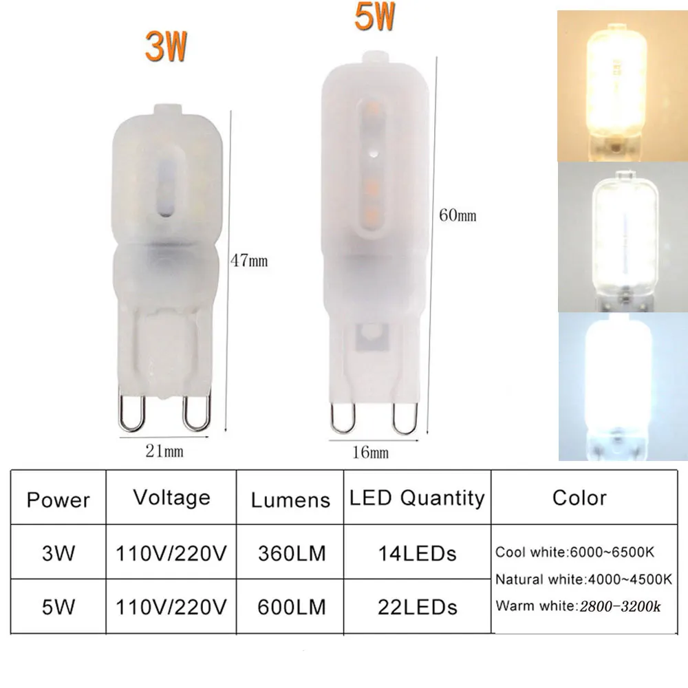 Bombillas LED ajustables G9 3W 5w 2835smd mini bombillas para reemplazar bombillas halógenas de 20w 30w para lámparas de araña de cristal 110v 220V