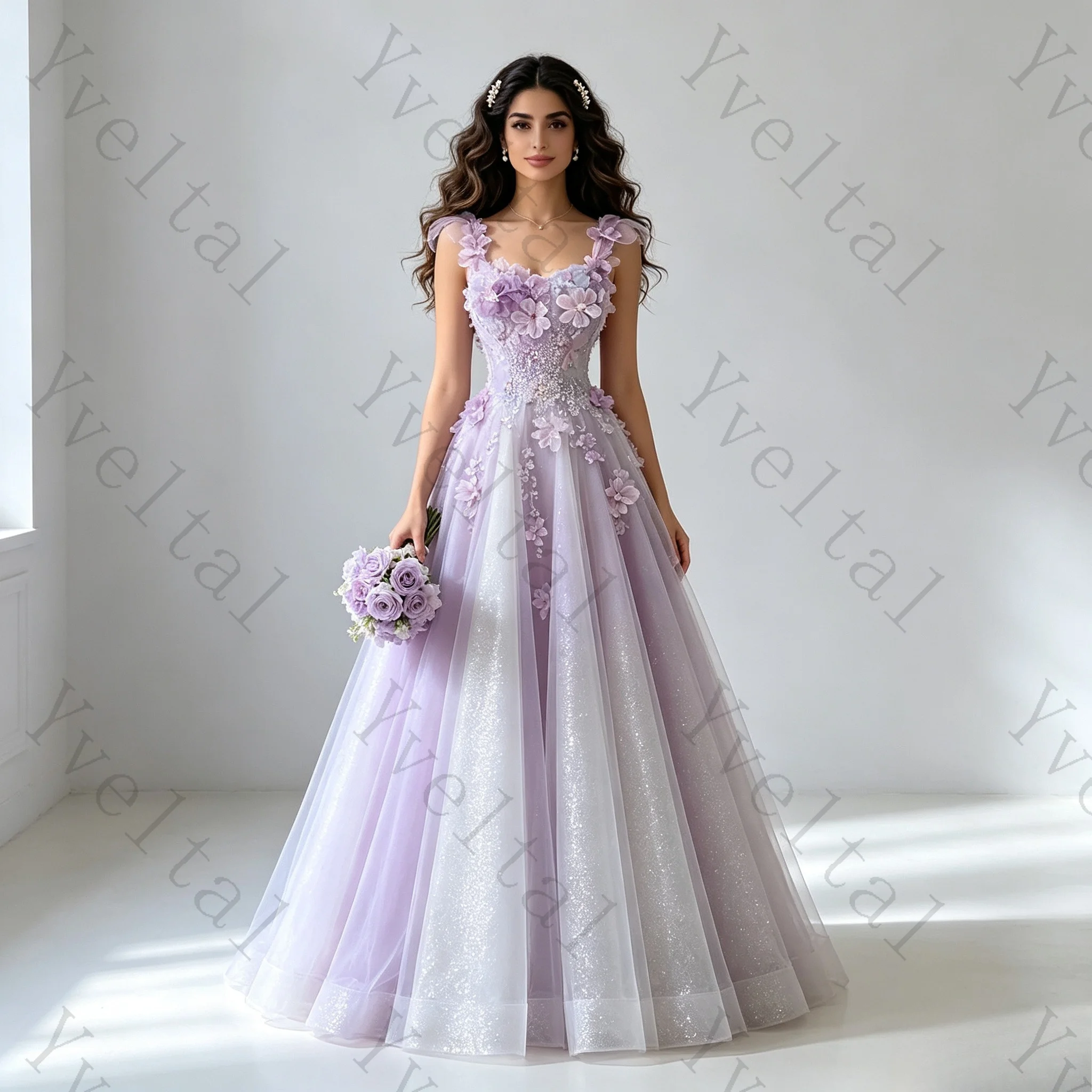 Customized Women’s Lavender Floral Applique Beaded Evening Dress Lace-Up Back A-Line Prom Gown for Wedding Homecoming Party