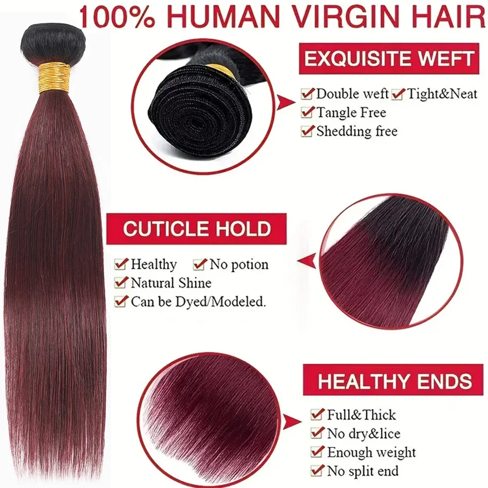 Extensiones de cabello humano brasileño, mechones de cabello humano liso de color borgoña 1b 99j, ombré, hueso rojo vino, 1/3 /4 piezas