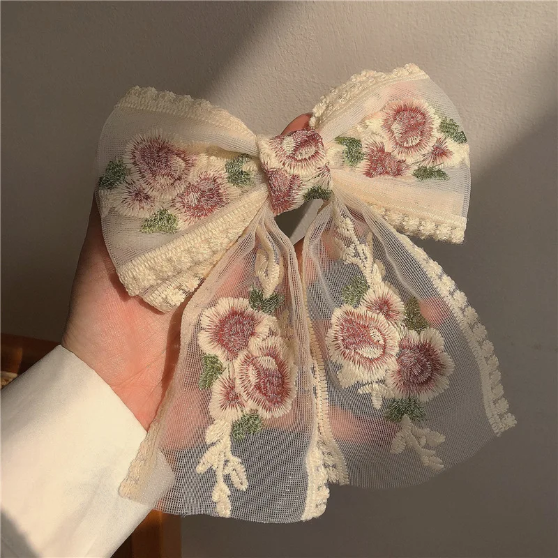 Haftowane kokardy do włosów koronkowe duże kokardy spinki do włosów damskie eleganckie wiosenne klipsy wiosenne letnie akcesoria do włosów damskie spinki do włosów