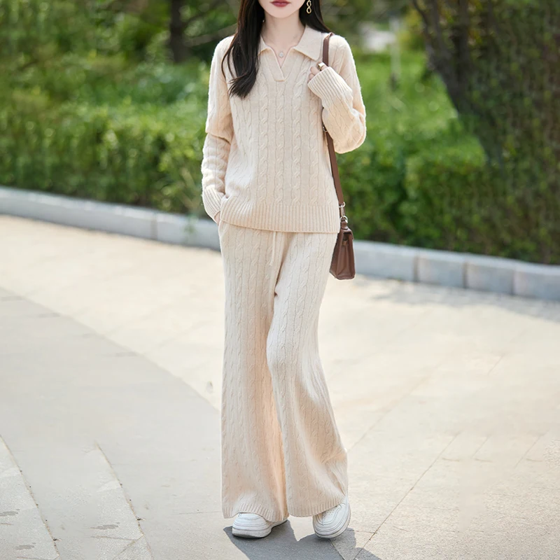 Women Sweater Suit Autumn Winter 100% Merino Wool Pullover Tops and Fashion High Waist Straight Pants Knitwear Two Pieces Set
