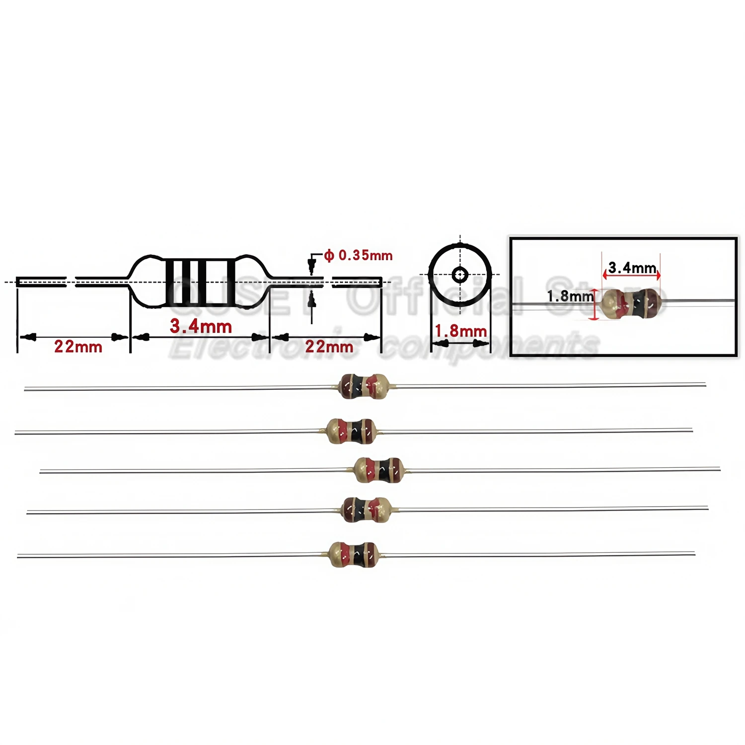 ตัวต้านทานฟิล์มคาร์บอน 1000 ชิ้น 1/8W 1/6W ความละเอียด 5% 0.125W 1K 4.7K 10K 22K 47K 100k 200k 220k 510k 470K 1M โอห์ม 10 100 200 220 330 470 โอห์ม