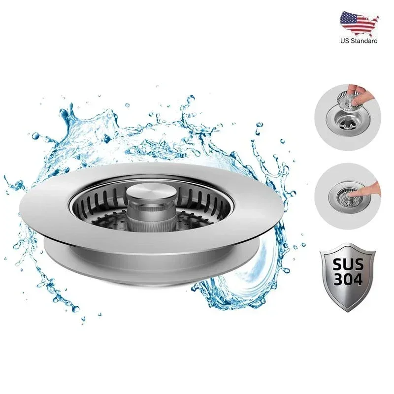 

304 Steel 3-in-1 Sink Drain Strainer - Upgraded Stopper, Fast Drain & Odor Filter, US Fit
