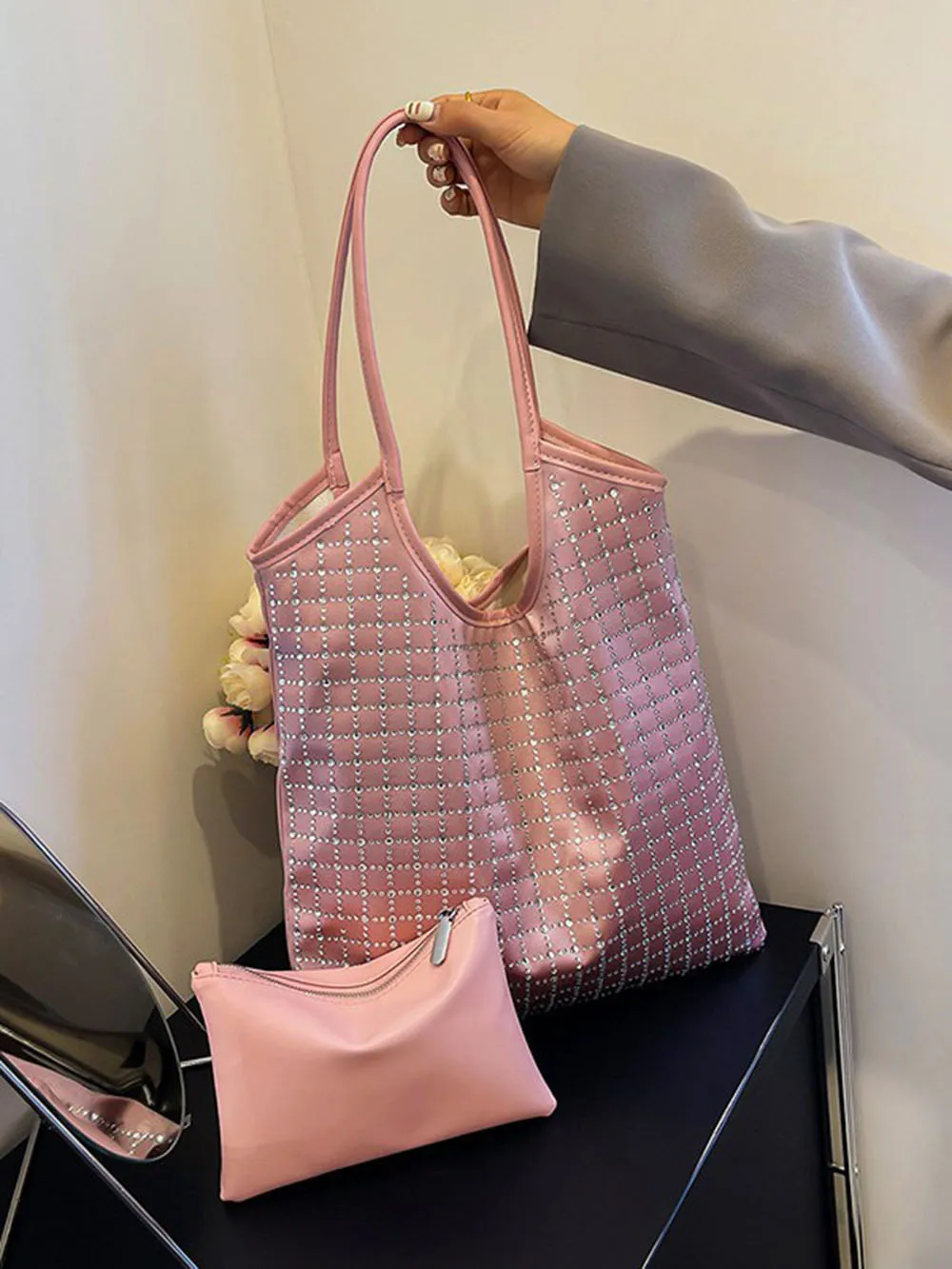 

Сумки-тоут с клетчатым узором и стразами, большая вместительная сумка через плечо, модная женская сумка на плечо, модная клетчатая сумка-тоут со стразами