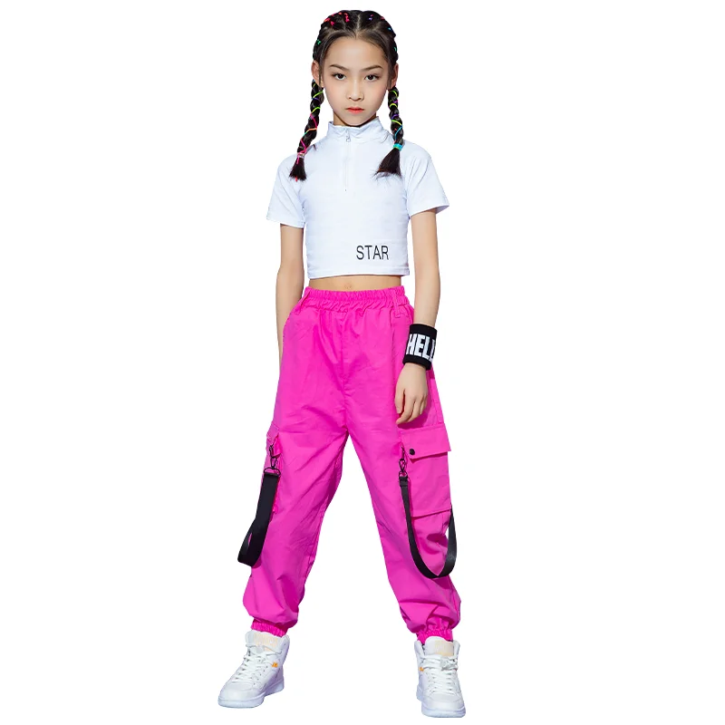 T Shirt Crop Top Streetwear Pink Cargo Jogger Pants For Girl Jazz Dance Costume Clothes Kids Kpop Hip Hop Dancing Clothing