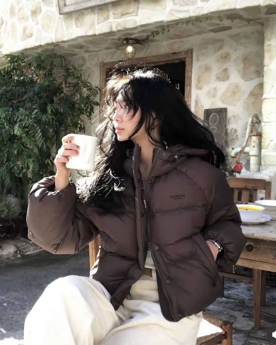 プレミアム秋冬ブラウンフード付きダウンジャケット PREON ワークウェア マリテ スレ レディース ファッション 通勤 防風 レギュラー スベ ロング...