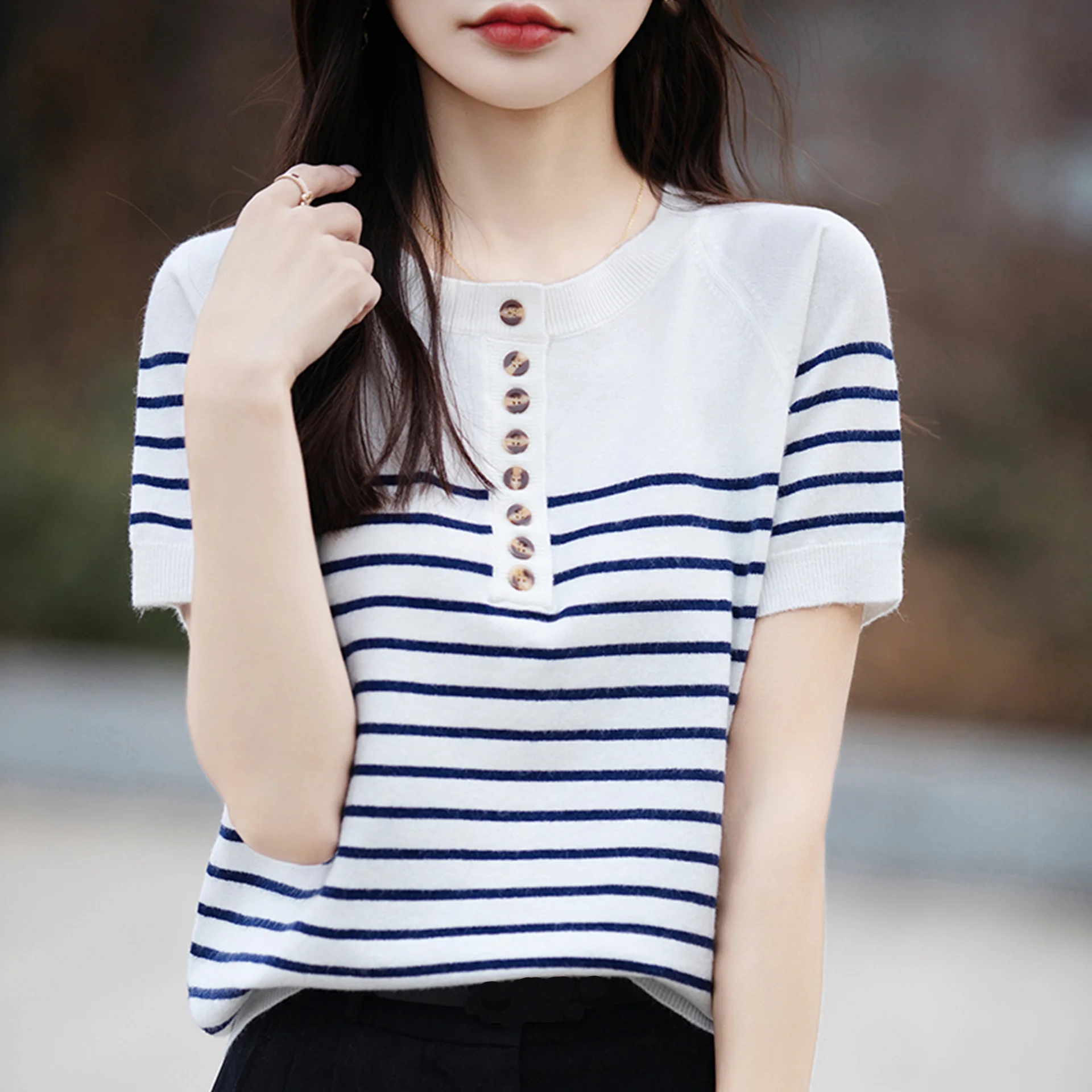 O-Neck Stripe Knitted Sweater Shirt For Women Summer Short Sleeve Thin Casual Pullover T- Shirt Korea Fashion Knit Tops Girl