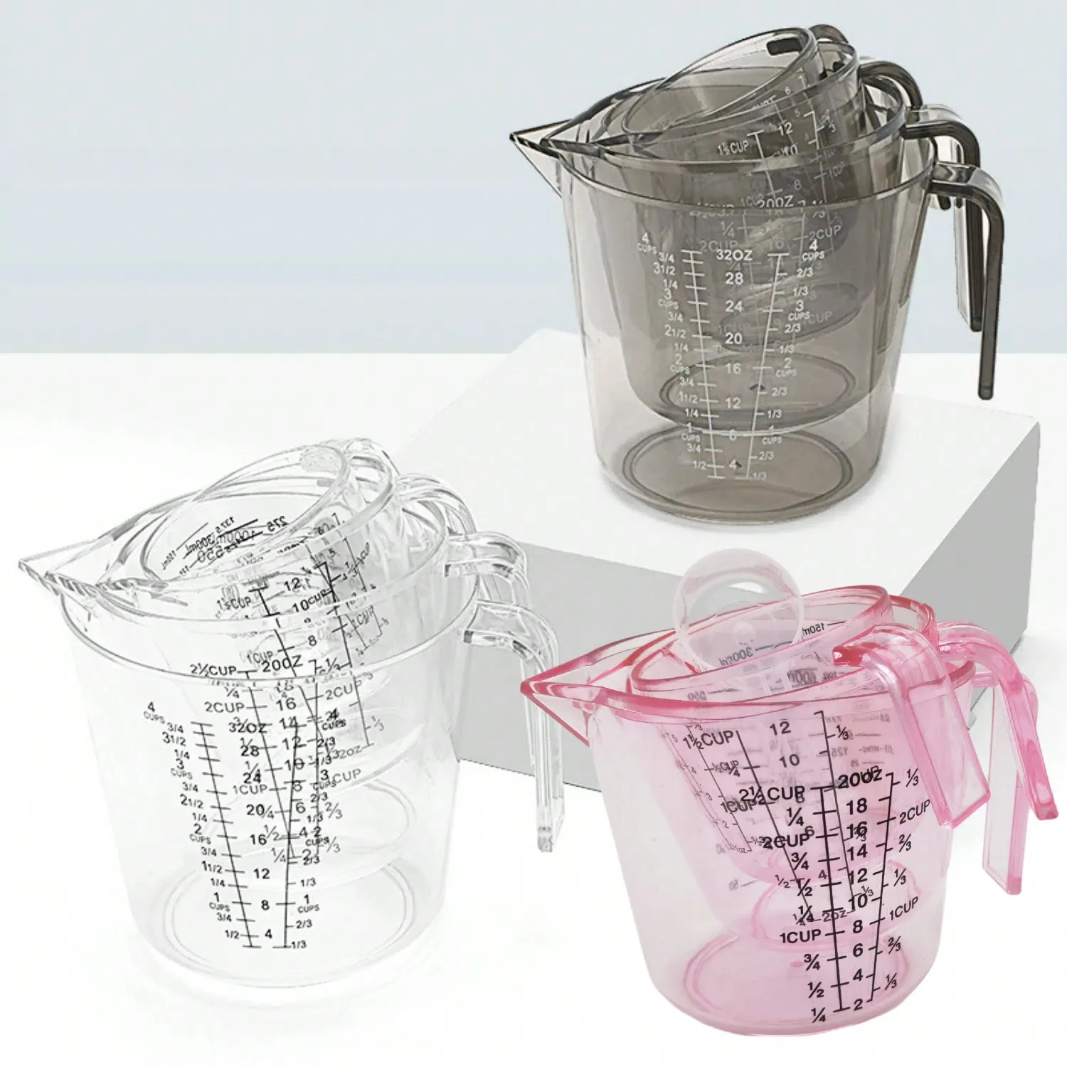 1pc/3pcs, Pink, Brown, Transparent, Measuring Cup, Plastic Liquid Measuring Cups, Kitchen Liquid Measuring Cups, Multifunction Measuring Cup For Baking Cooking, Essential Kitchen Tools, Kitchen Stuff, 600ml, 300ml, 150ml sh2408122799767097