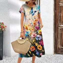 2024 New Women's Dresses Elegant Floral Printed Summer Vacation Midi Dresses Feamle Short Sleeve Dress Fashion Oversized Clothes