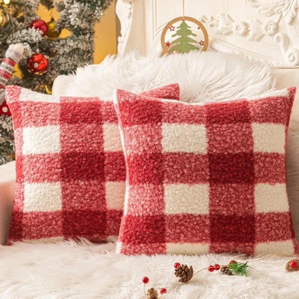 Plaid Pattern Plushie Pillow Covers Orange Red 18x18 Inch Boucle Pillowcase Zipper Closure Soft Cushion Cover Fall Season