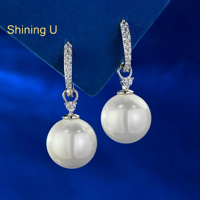 

Shining U S925 Silver 13mm Shell Pearl Dangle Earrings Fine Jewelry Wedding