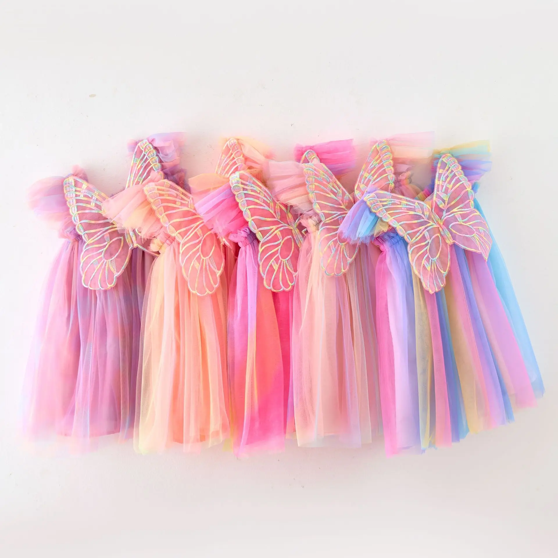 

2024 Hot New Baby Girl Dress Fashion Rainbow Color 3D Wings Fly Sleeve Mesh Baby Dress Cute Baby Girl Clothes Princess Frock