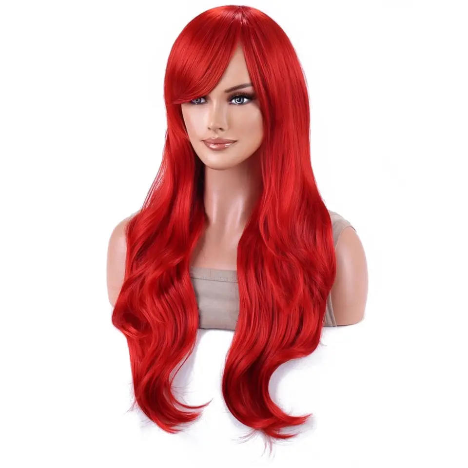 Peluca Sintética Probeauty Sirena Larga Roja Rizada Body Wave Peluca para Disfraces de Halloween Cosplay para Mujer Peluca de Moda para Uso Diario 4