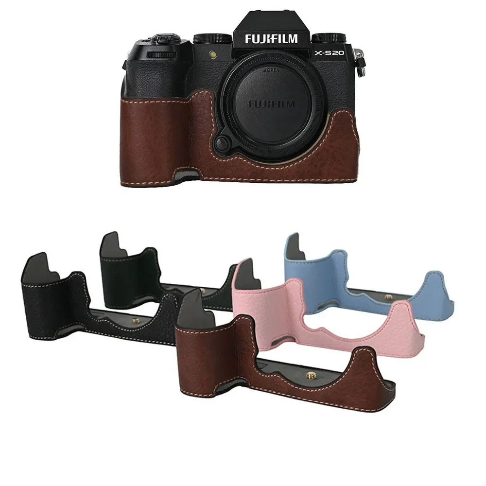 Magnetic Half Body Camera Case for Fujifilm X-S20 - PU Leather Litchi Skin Cover with Battery Door, Retro Design