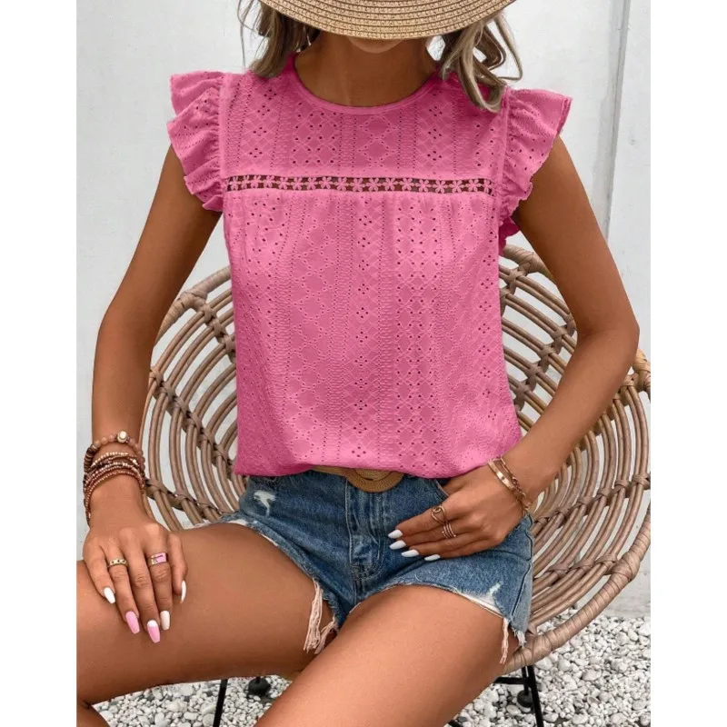 Women Summer Elegant Ruffles Sleeveless O-neck Hollow Out Patchwork Blouses And Shirts Casual Solid Tops Sexy Pullover Tunic