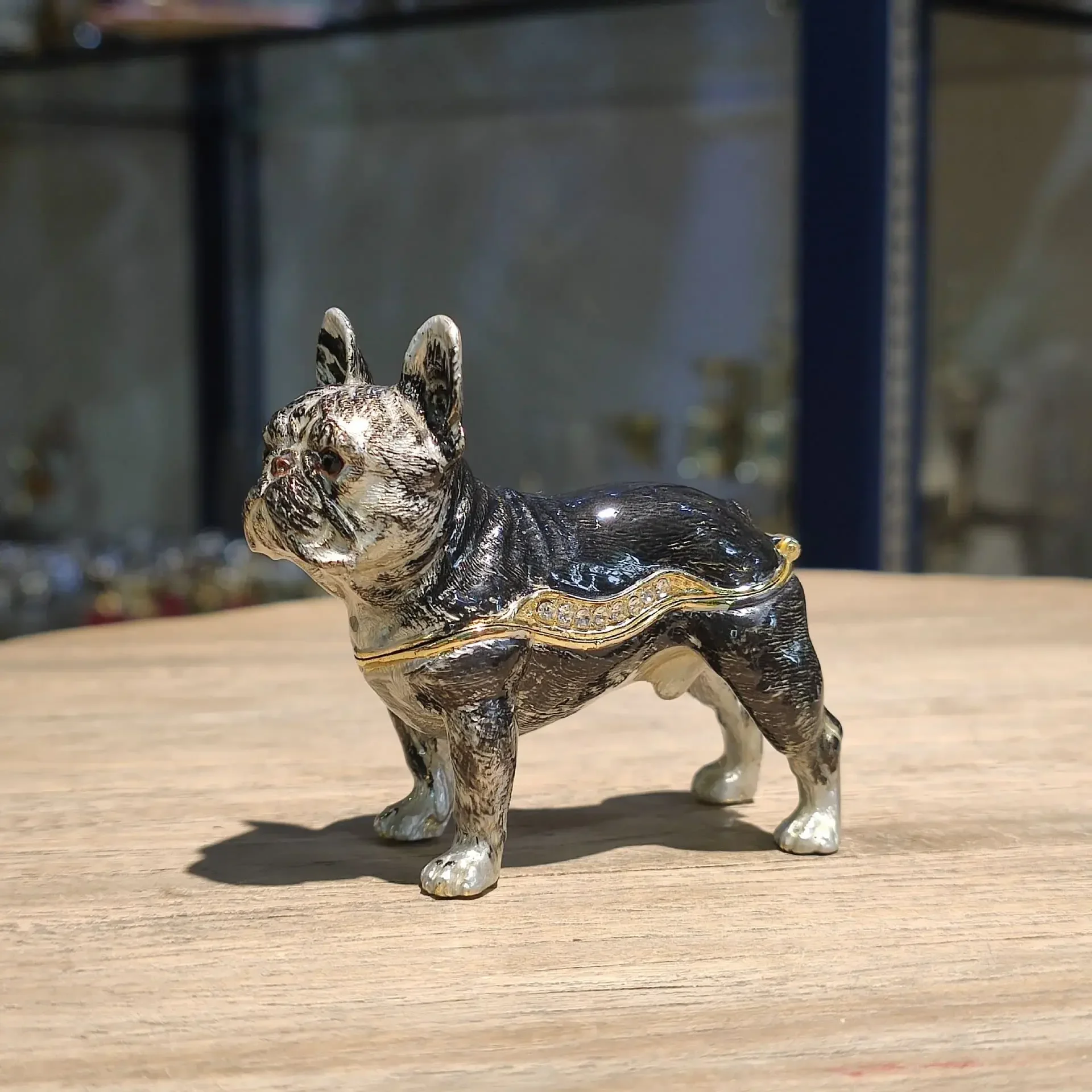 French Bulldog Alloy Jewelry Box Craft Enamel Color Jewelry Box Inlaid with Diamonds Pet Dog Gift Decoration Decor