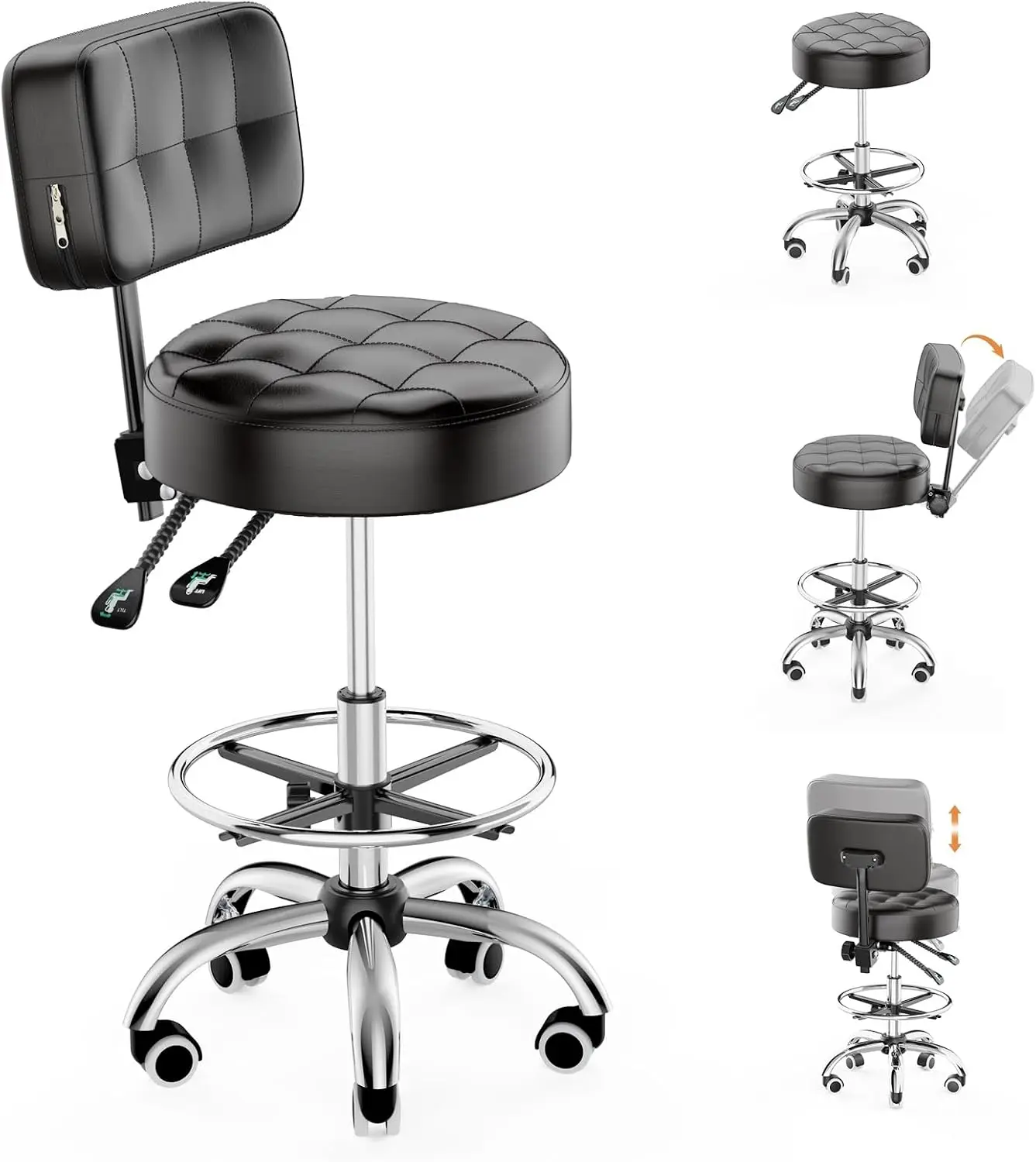 Rolling Stool With Wheels Backrest Foot Rest, Heavy Duty Adjustable Height Swivel Chair, Mobile Desk Salon Spa Tattoo Massage Stool For Home Office Studio Work Black
