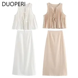 DUOPERI Women Fashion 2 Pieces Sets Solid Pleated Tops Vest and High Waist Midi Skirt Female Chic Lady Skirts Coordinates