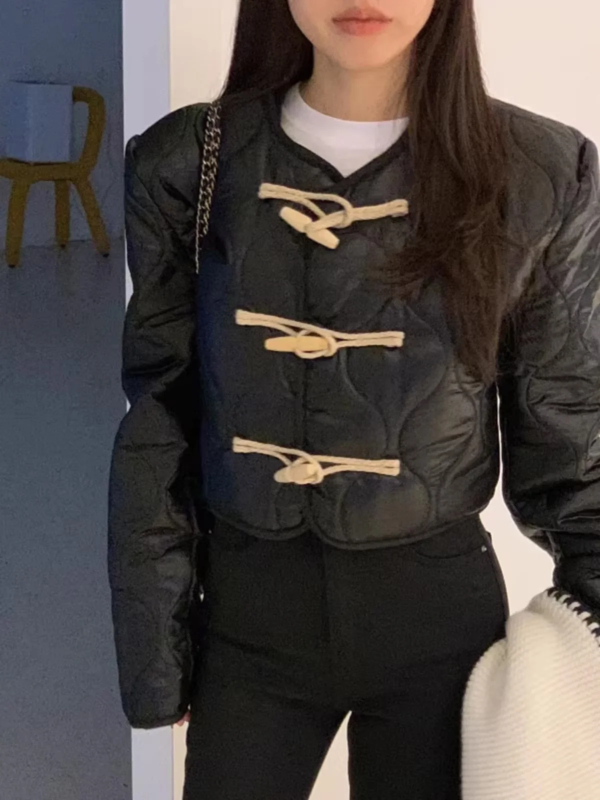 Damen-Jaset-Oberteil aus Baumwolle, Winterwärme, Retro-Knöpfe, koreanisches SLE-Loose-Fit, rundes, langes Sve-Farben-Top