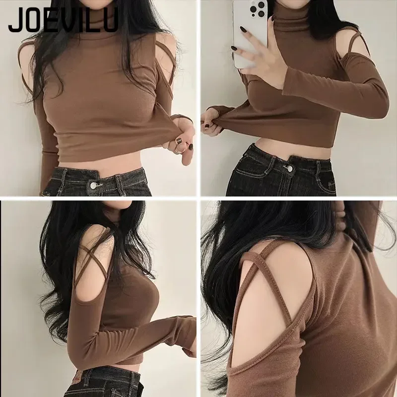 Hollow Out Off Shoulder Crop Tops Babes Sexy Turtleneck Long Sleeve T-shirt Skinny Bottoming Shirt Slim Short Tee Women Y2k Top