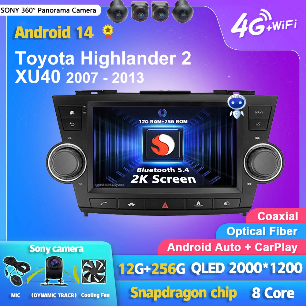 

Android 14 Carplay WIFI+4G Car Radio Multimedia Player For Toyota Highlander 2 XU40 2007 - 2013 Autoradio Stereo 2din Head Unit