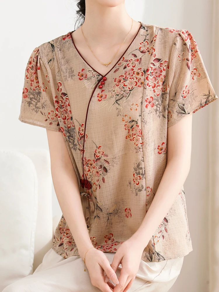 

Chinese Style T Shirt Women Pullovers 2025 Summer Print Clothes For Women V Neck Tees Top Short Sleeve Women's T-shirt