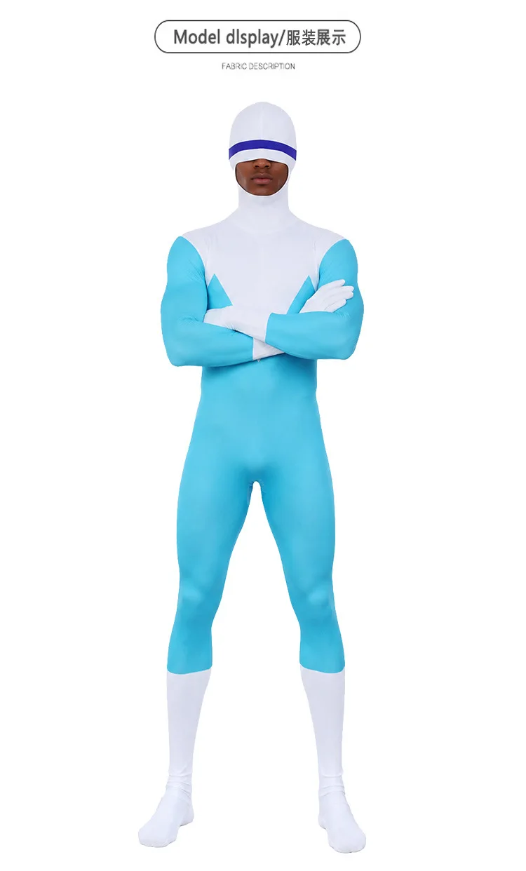 ‌The Incredibles Frozone‌ Cosplay Costume Blue White Jumpsuit Halloween Carnival Party Bodysuit Full Set Men Role Play Clothes view 3