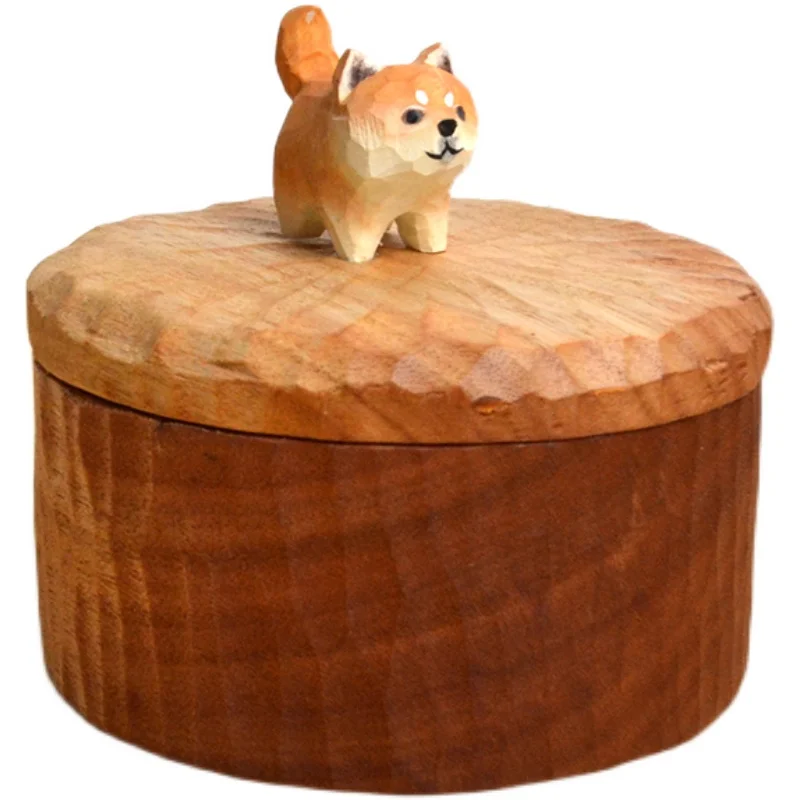 

Shiba Inu Wood Carving Storage Tank Black Walnut Solid Wood Hand-carved Cat Puppy Storage Tank Teak Tea Tank Storage Box