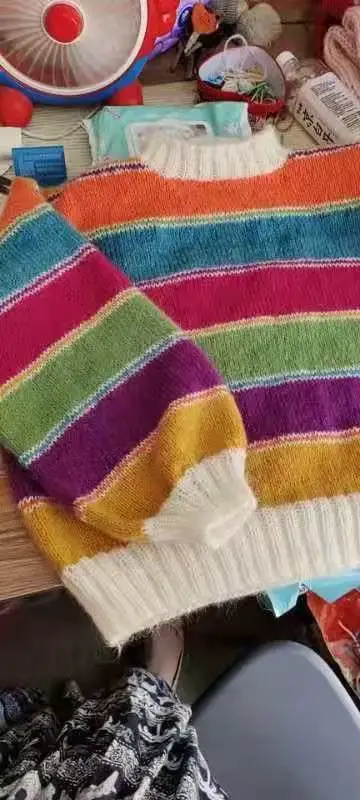 Autumn and winter fashion new rainbow striped round neck long sleeved women's pure wool needle knitted beige sweater knitted swe