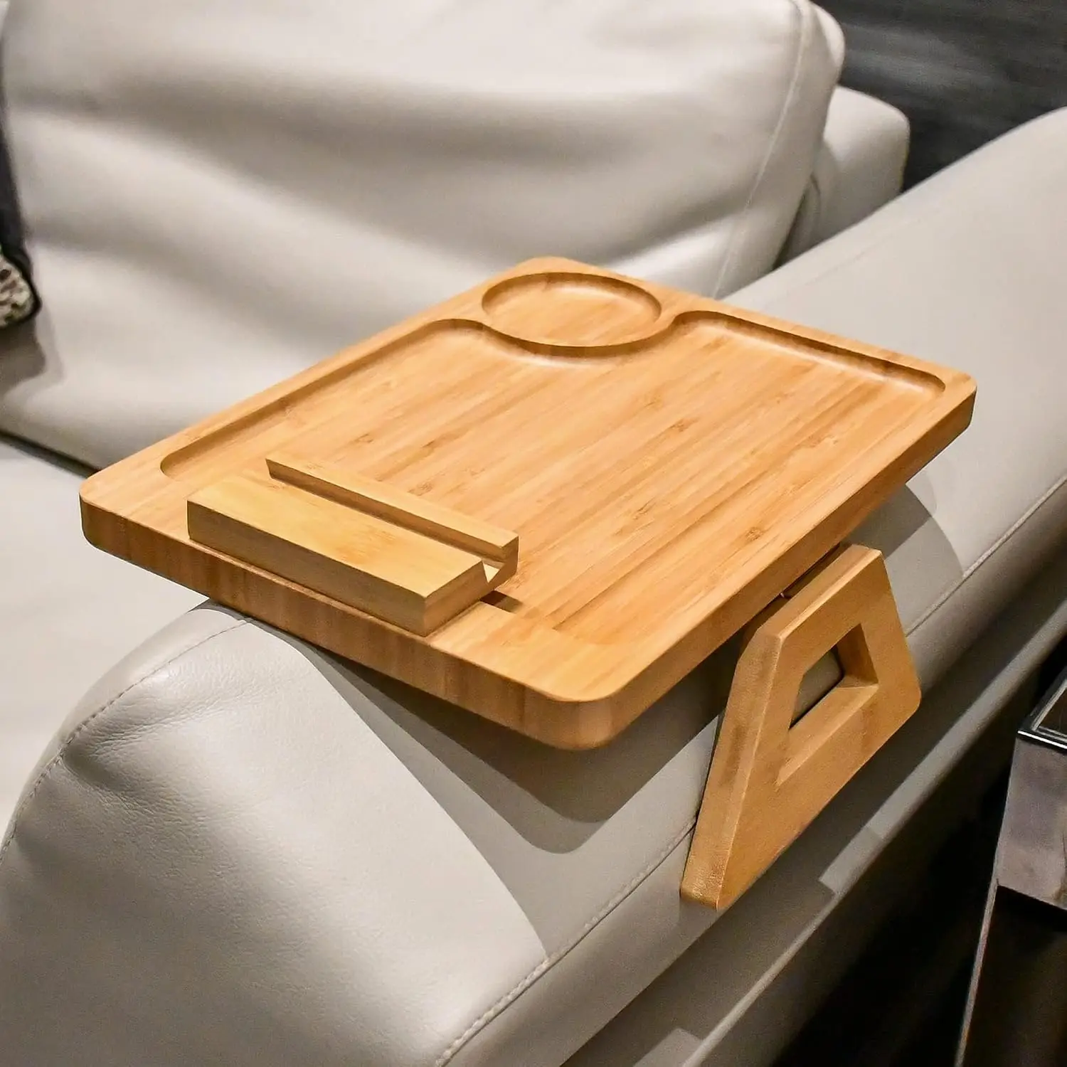Clip‑on Couch Arm Tray, 360° Rotating Phone Holder, Solid Bamboo Side Table, Fits 6‑10 Inches Sofa Arms, Gift for Family
