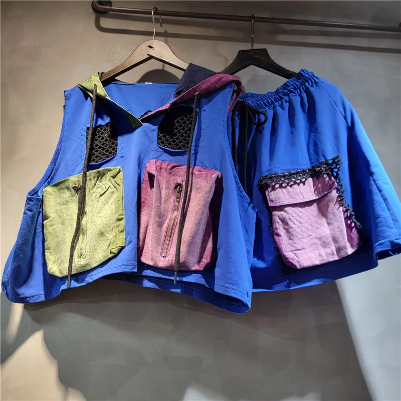 

Women Multi-pockets Workwear Hooded Vest Contrast Color Patchwork Hoodies Tees Tank Tops + Elastic A-Line Shorts Skirt 2Pcs Set