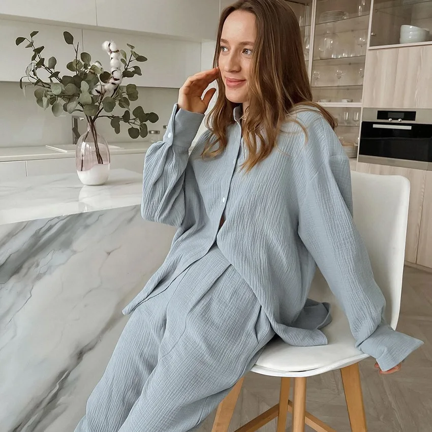 100% Cotton Pyjamas Set Women\'s Home Clothes Long Sleeve 2 Piece Sets Sleepwear Female Casual Trouser Suits 2023 Pajamas Solid