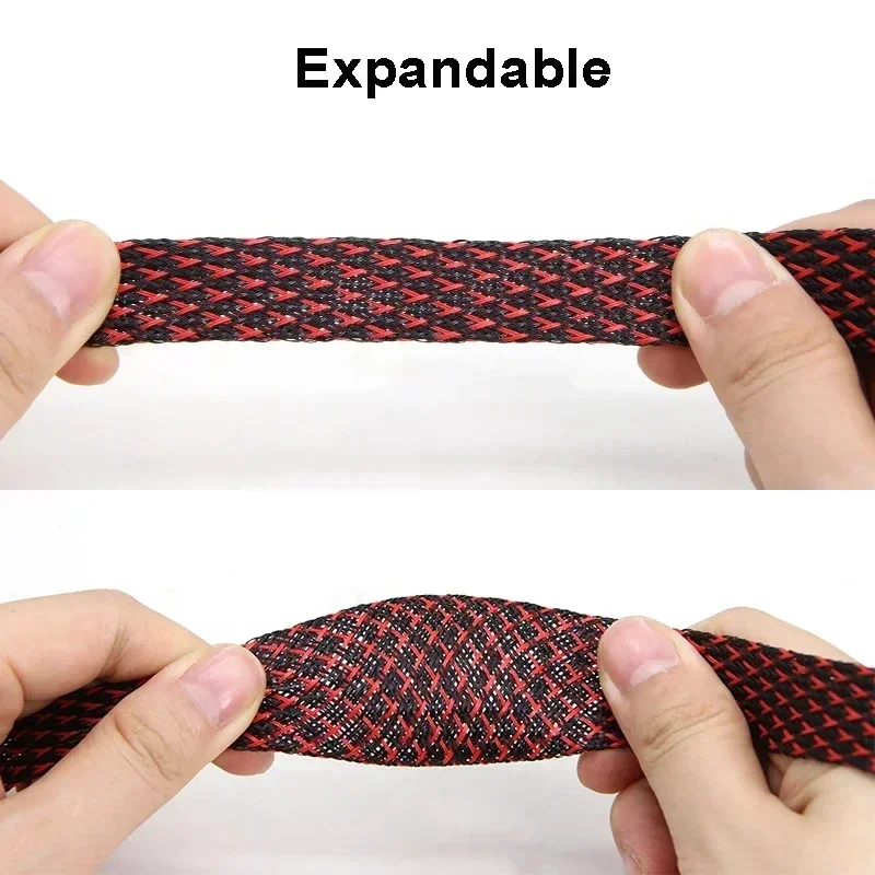 Black-Red PET Braided Cable Sleeve 2/4/6/8/10/12/14/16 ~ 50mm Expandable High Density Insulated Line Protection Wire Wrap Sheath