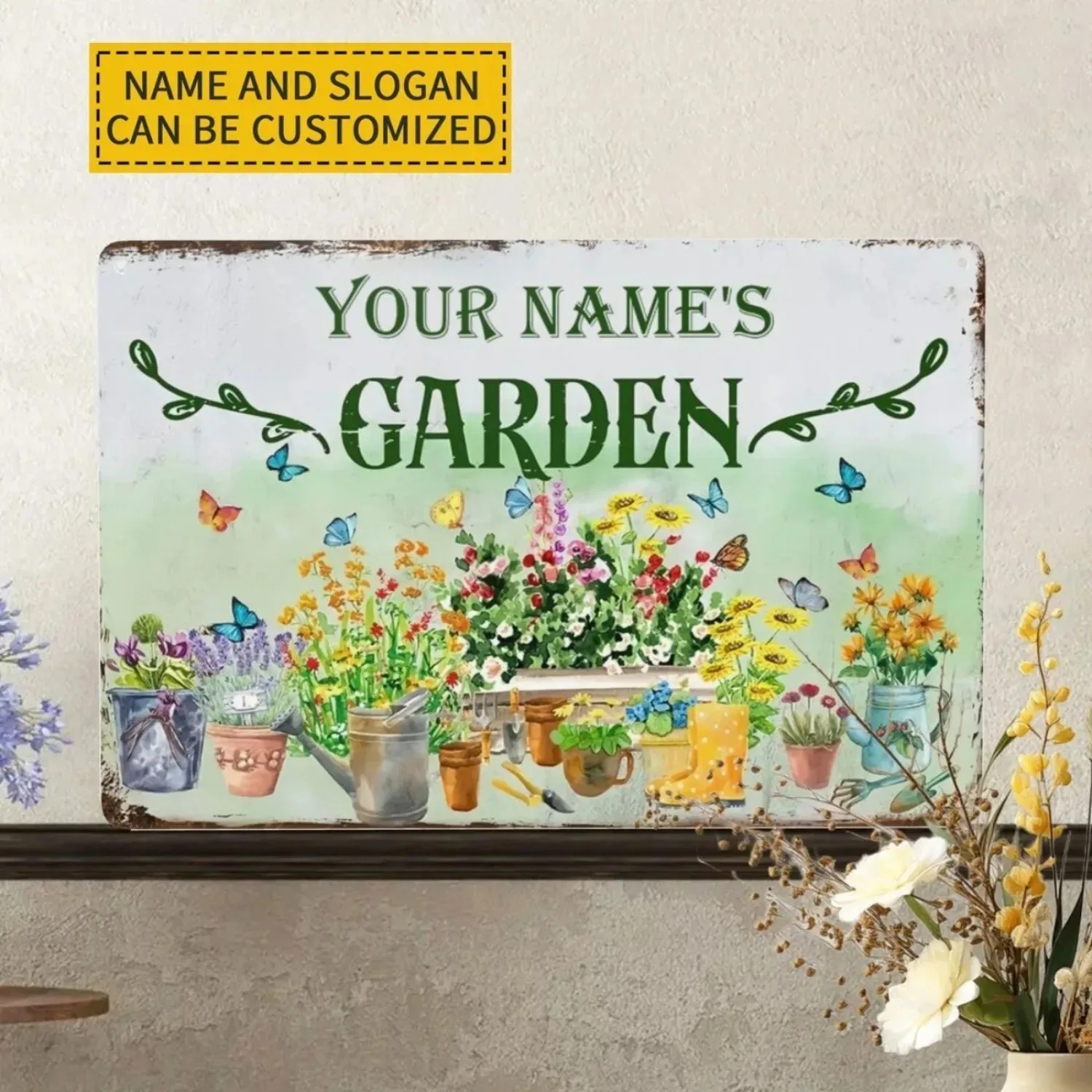 CIFbuy Customizable Floral Garden Metal Sign 8x12In, Personalized Text Waterproof Dustproof Indoor Outdoor Wall Decor Gift