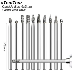 100mm Extention Long Shank 6x6mm Cutting Edge Carbide Burr Carving Grinder Abrasive Tool Rotary Rasp File Milling Cutter Metal