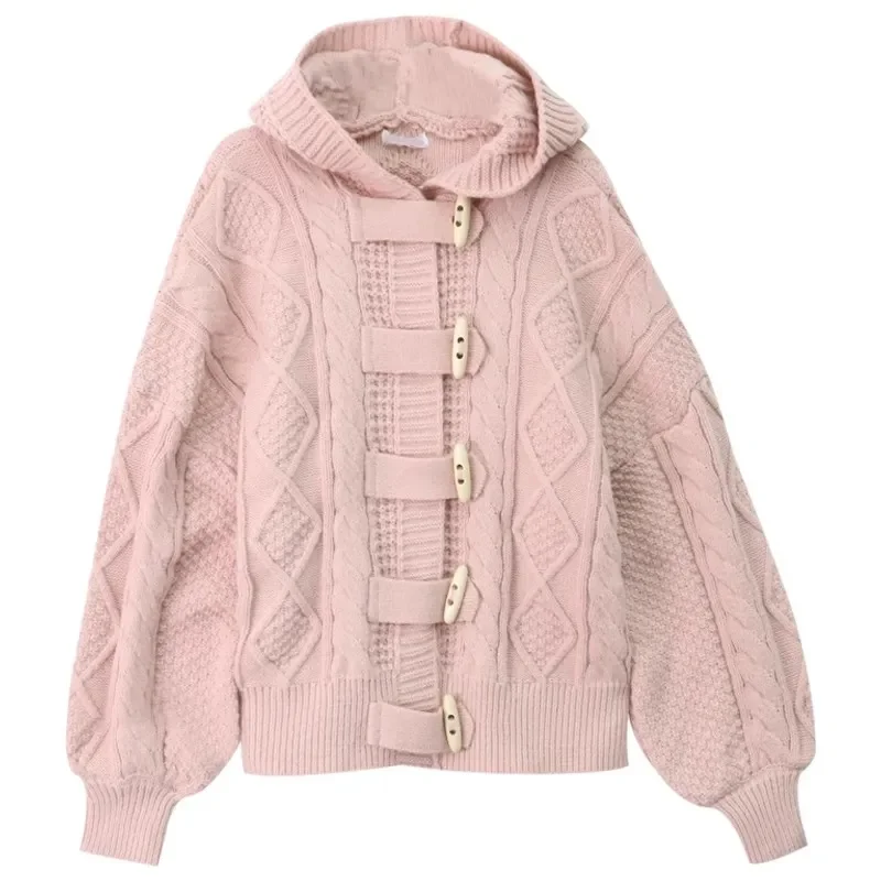 Spring Autumn Mid-Long Sweater Jacket Women 2024 New Loose Hooded Thicken Knitwear Coat Fashion Horn Button Cardigan Tops Female