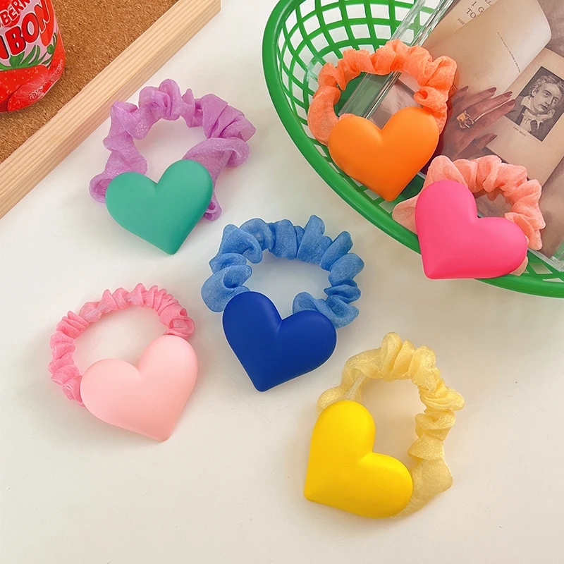 

2022 Children Cute Colors Acrylic Heart Scrunchies Rubber Bands Girls Lovely Sweet Elastic Hair Bands Kids Hair Accessories