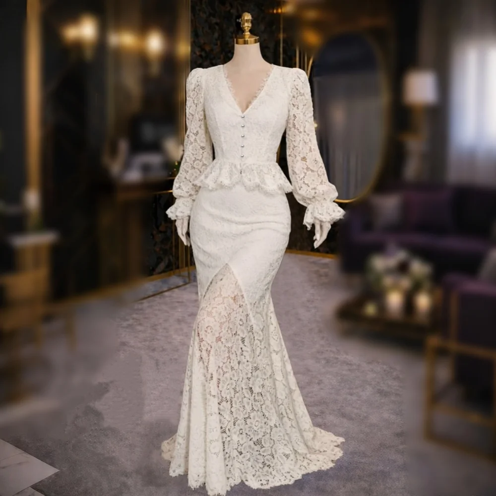 Maßgeschneidertes elegantes Spitzen-Abendkleid für Bankette, gerafftes, bodenlanges, elegantes Meerjungfrauen-Partykleid von hoher Qualität