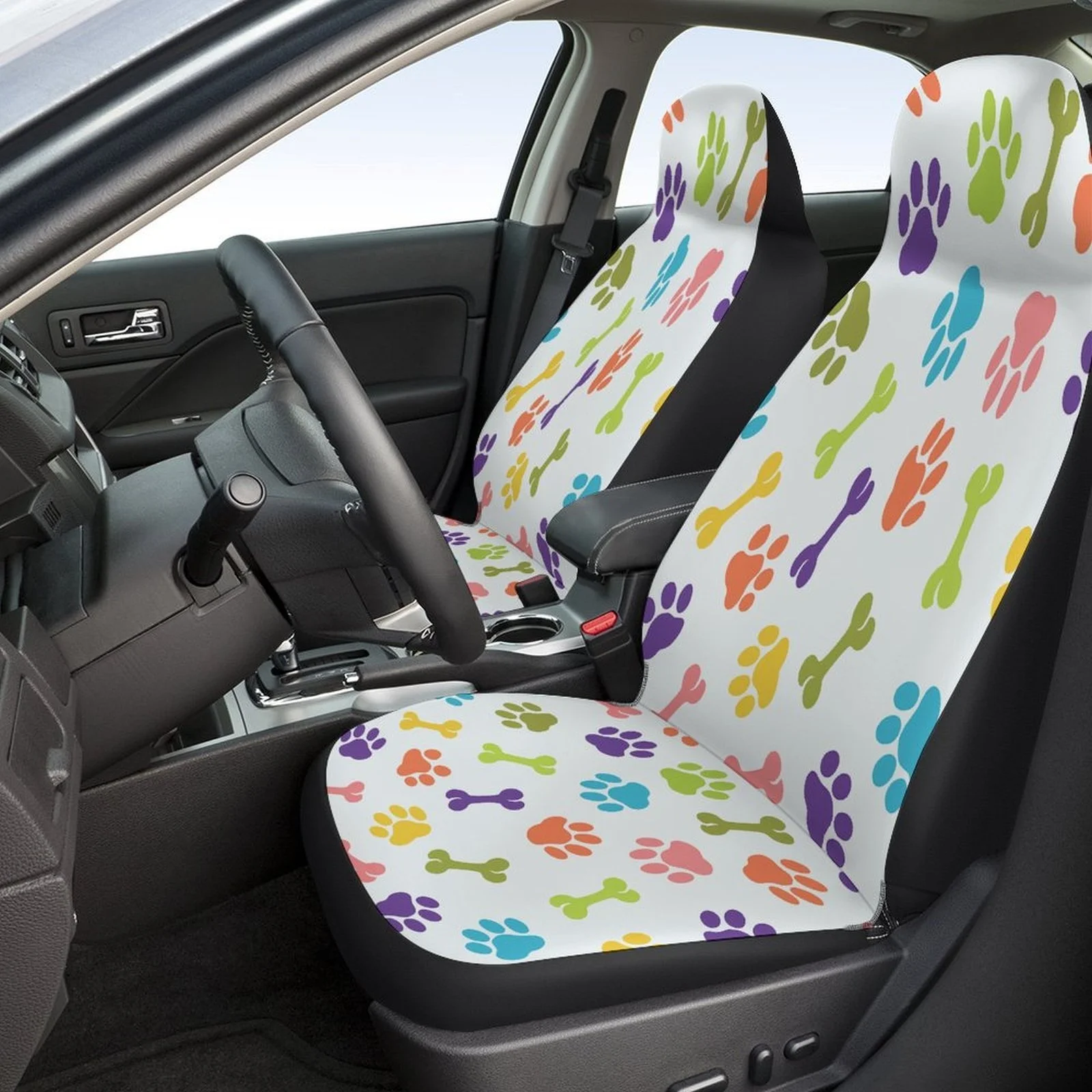 Set Of Car Seat Covers Featuring A Paw Prints And Bones Design, Suitable For Various Vehicles. These Stylish And High-Quality Pr