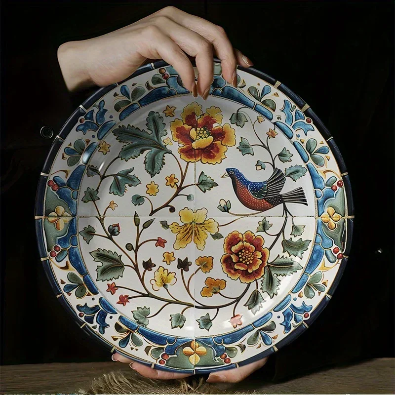 1pc Exquisite Hand-Painted Ceramic Decorative Plate with Birds and Flowers, Artistic European Vintage Home Ornament, Wall